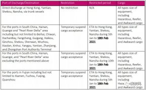 多家船公司宣布：春節期間暫時停止接收運往華南的貨物