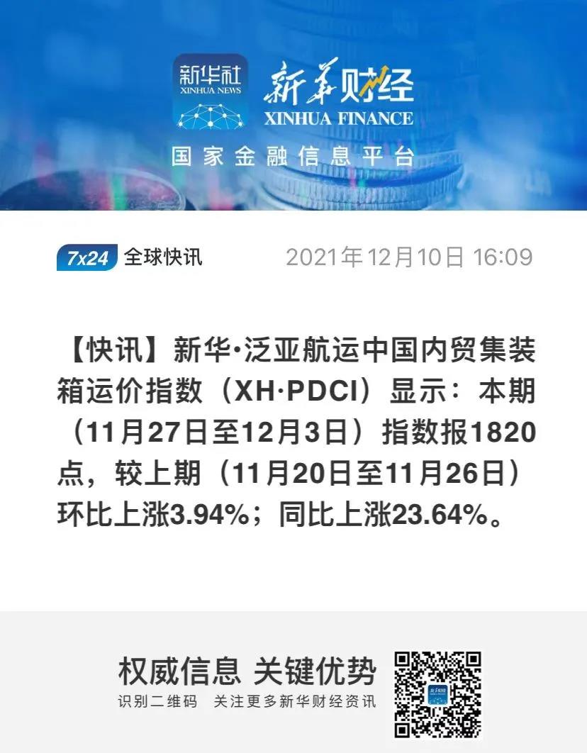 繼續上漲!泛亞航運中國內貿集裝箱運價指數(XH·PDCI)2021年11月27日至12月3日