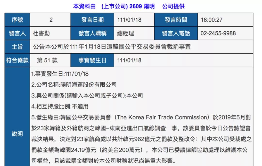 萬海、長榮、陽明回應(yīng)遭韓國處罰，陽明考慮上訴