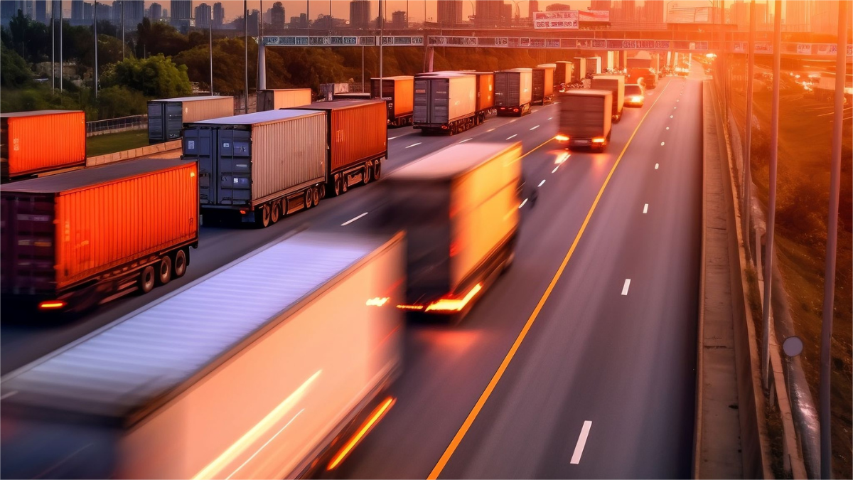 大量貨車正在高速路上運(yùn)輸貨物