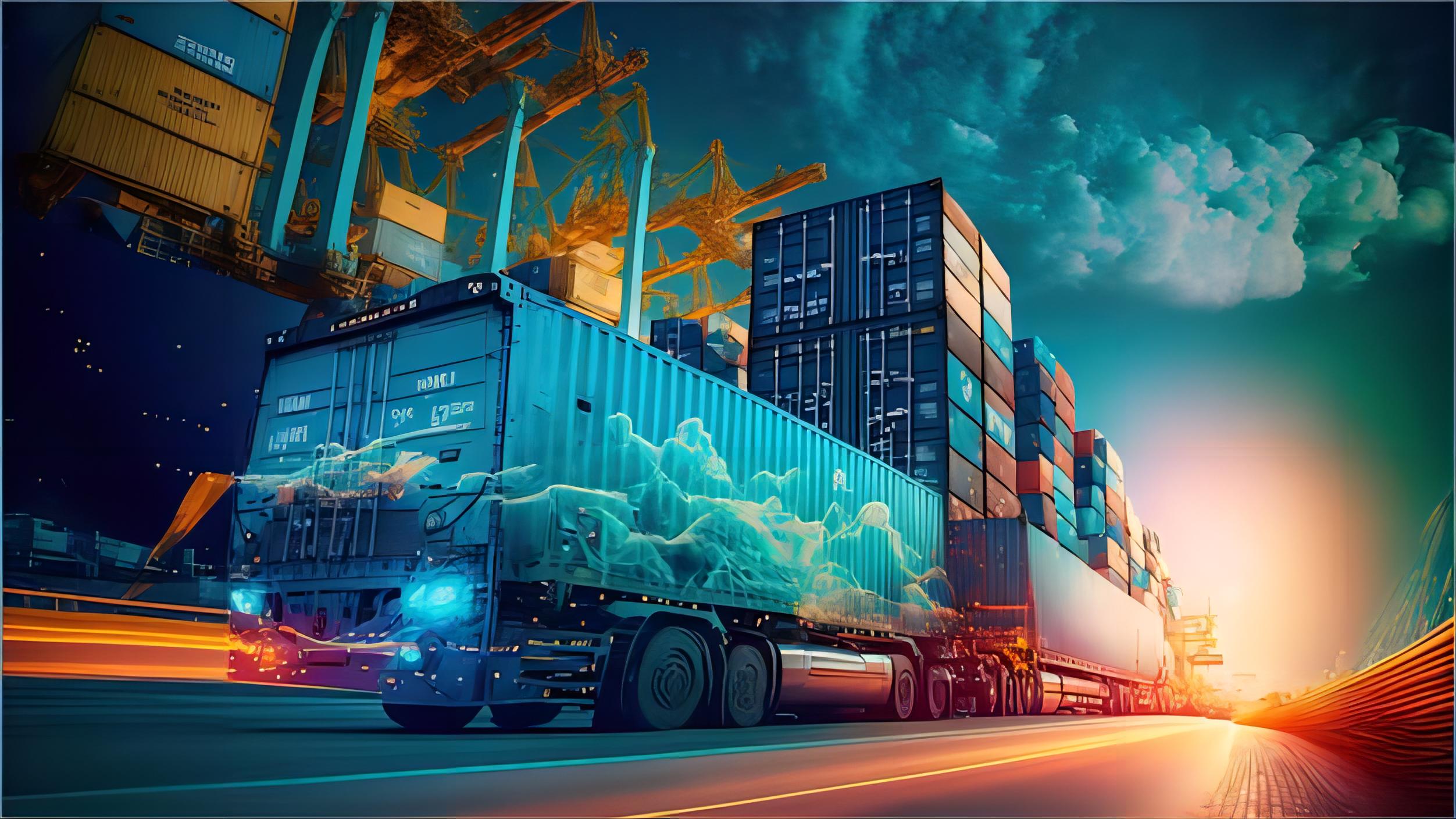 大型貨車載著大量貨物正在進(jìn)行國(guó)際物流運(yùn)輸