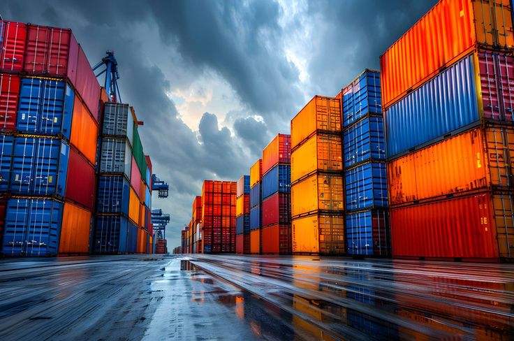 大量準備海運整箱運輸的集裝箱在港口停放